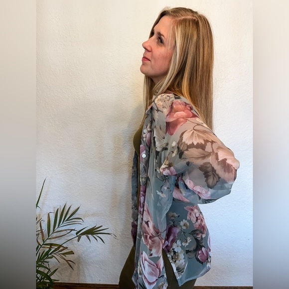 Vintage Byer Studio Sheer Floral Button Up Women’s 14 Cottage Core Green - Picture 2 of 10
